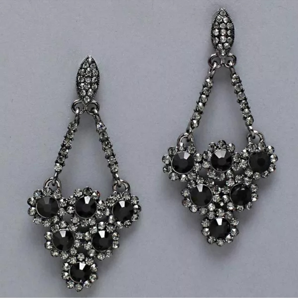 Black Crystal Rhinestone Costume Dangle Earrings Bridal Fashion Jewelry
